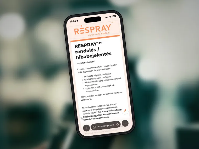 Telefonon megnyitott RESPRAY™ rendelési és hibabejelentő űrlap